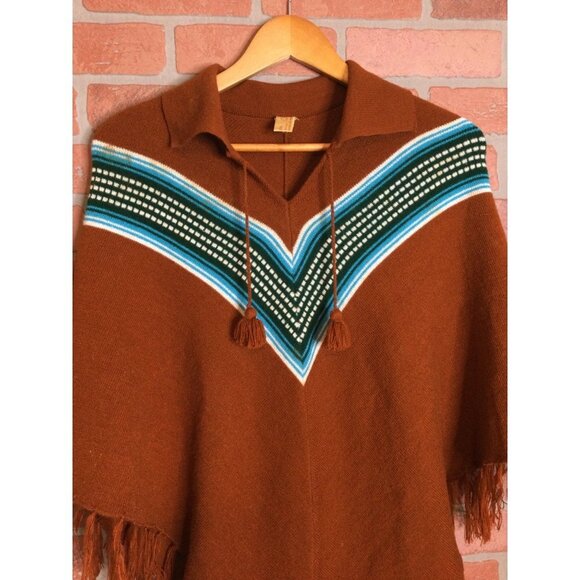 Vintage Tejidos Ecuador Women's Knit Poncho Sweater Tassel Tie Necklace Chevron - Picture 2 of 8